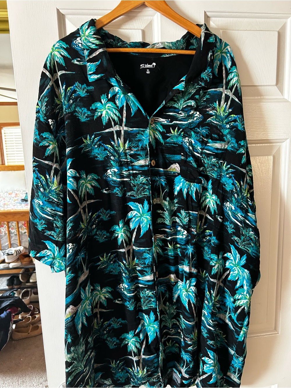 KS Island Button Down Shirt Big Mens 5XL Black Blue Tropical Palm Tree Rayon
